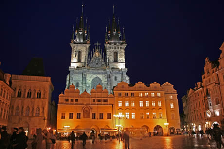 The church of our lady before tyn and the old town square in prague at night photo